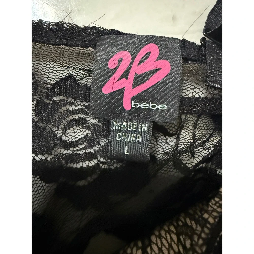 Bebe Black Floral Lace Peplum Mini Dress Sweetheart Neck Cutout Back Sz Large